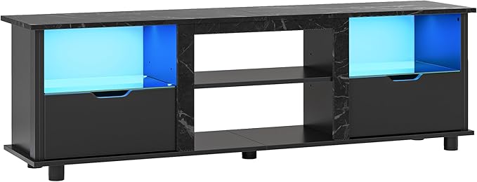 Bestier 70" Gaming Entertainment Center with Drawers, LED TV Stand for 75 Inch TV, TV Entertainment Stand for Living Room with Storage and Glass Shelves (Black Marble)