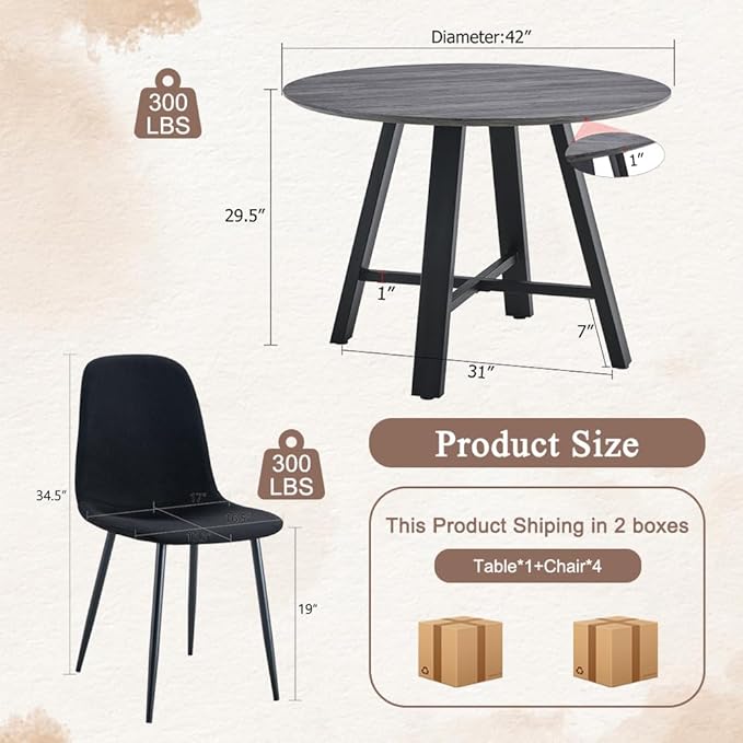 Round Dining Table Set for 4, Round Kitchen Dining Table and Chairs Set for 4,42" Modern Dining Room Table Set for 4 with Upholstered Chairs for Small Space Kitchen Office Cafe Apartment