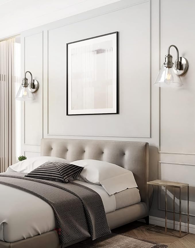 Yosoan 1-Light Brass Modern Vintage Indoor Wall Sconce, Vanity Single Luxury Hardwired Retro Textured Clear Funnel Flared Glass Shade with Industrial Gooseneck Curved Rod Bathroom Lamp(Brushed)