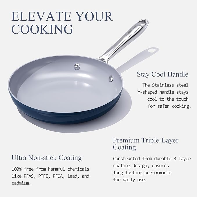 Nonstick Ceramic Frying Pan 8 Inch for Induction Cooktop - Non Toxic PTFE/PFOA/PFAS Free, Oven & Dishwasher Safe up to 500°F - Non Stick Small Egg Skillet with Stay-Cool Handle - Navy Blue
