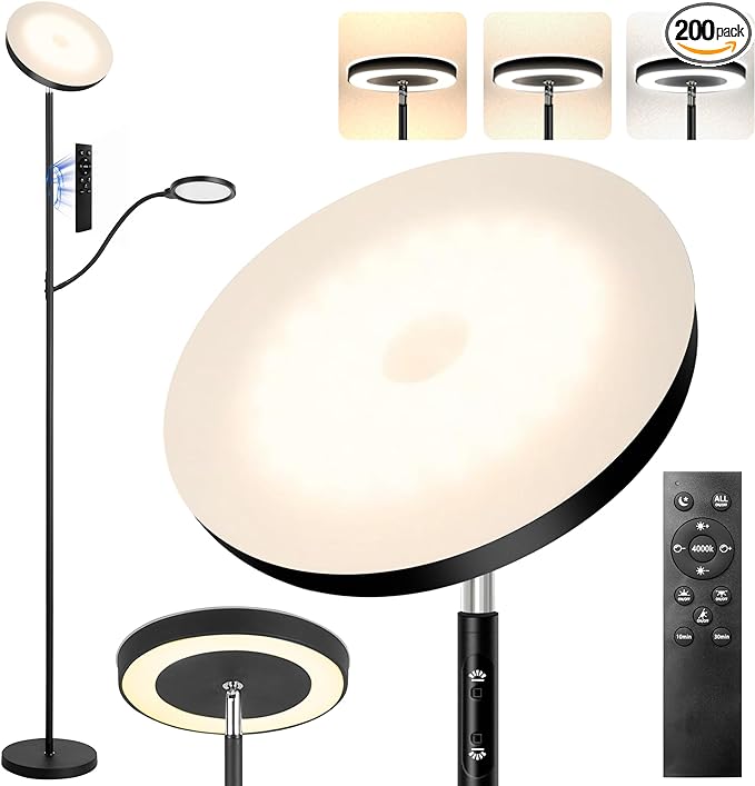 LED Floor Lamp, 36W/3000LM Super Bright Modern Tall Standing Lamp, 3 Color Temperatures Torchiere Sky Lamp with Dimmable Reading Light, Remote & Touch Control for Living Room, Bedroom, Office