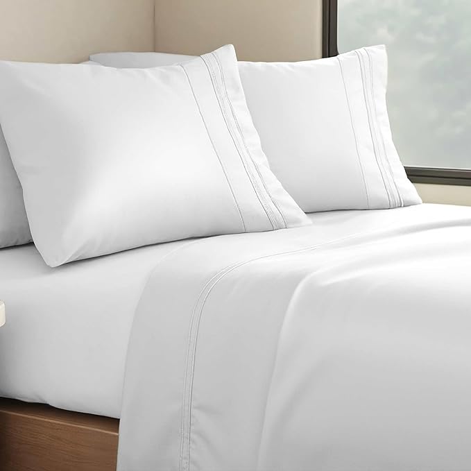 Clara Clark Bed Sheets, Premier 1800 Series 4 Piece RV Queen Sheet Set, Luxury Soft Sheets for RV Bunks, Short Queen - White