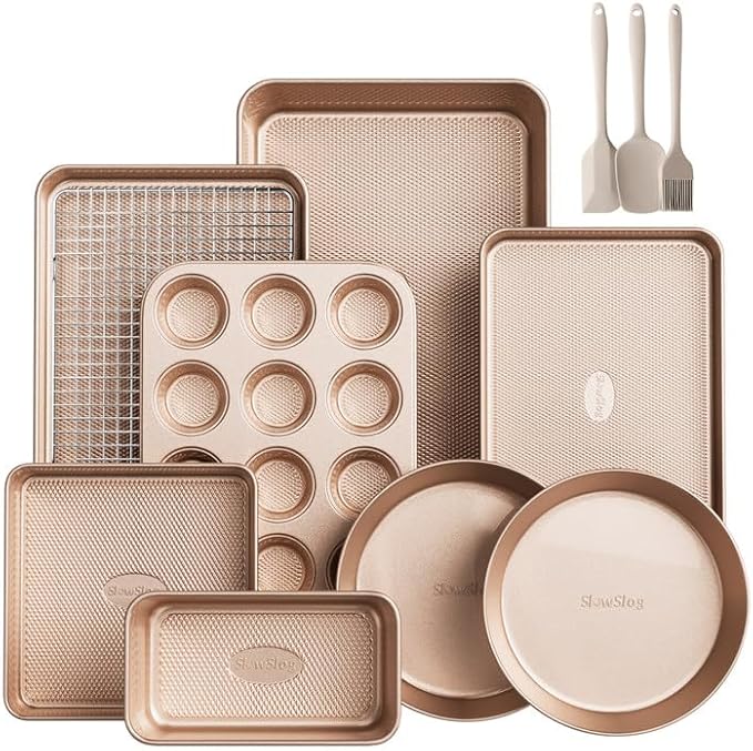 12-Piece Nonstick Bakeware Set with Baking Pan, Cake Pan, Muffin Pan, Loaf Pan, Square Pan, Roasting Pan, Cookie Pan, Cooling Rack & Utensils - Ceramic Coated Gold