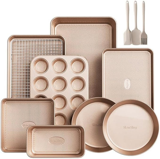 12-Piece Nonstick Bakeware Set with Baking Pan, Cake Pan, Muffin Pan, Loaf Pan, Square Pan, Roasting Pan, Cookie Pan, Cooling Rack & Utensils - Ceramic Coated Gold