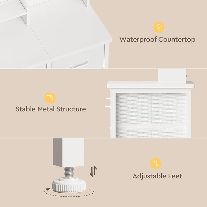 Makeup Vanity Desk with Mirror and Lights, Small Vanity with Fabric Storage Drawer & Chair & Shelves, White Compact Makeup Vanity Set for Bedroom