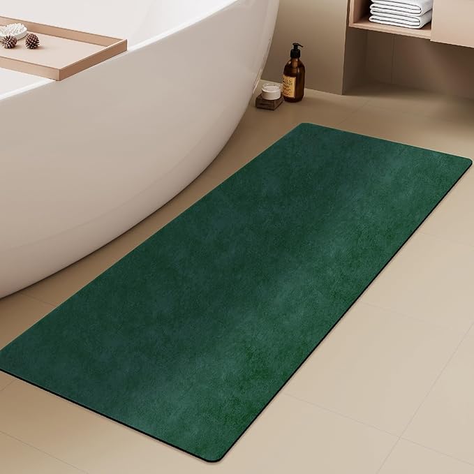 Bathroom Mat Quick Dry, Bathroom Rugs Non Slip Washable Thin Absorbent Bath Mat Fits Under Door Bathroom Floor Mat Perfect for Bath, Shower, or Sink 24"x60" Dark Green