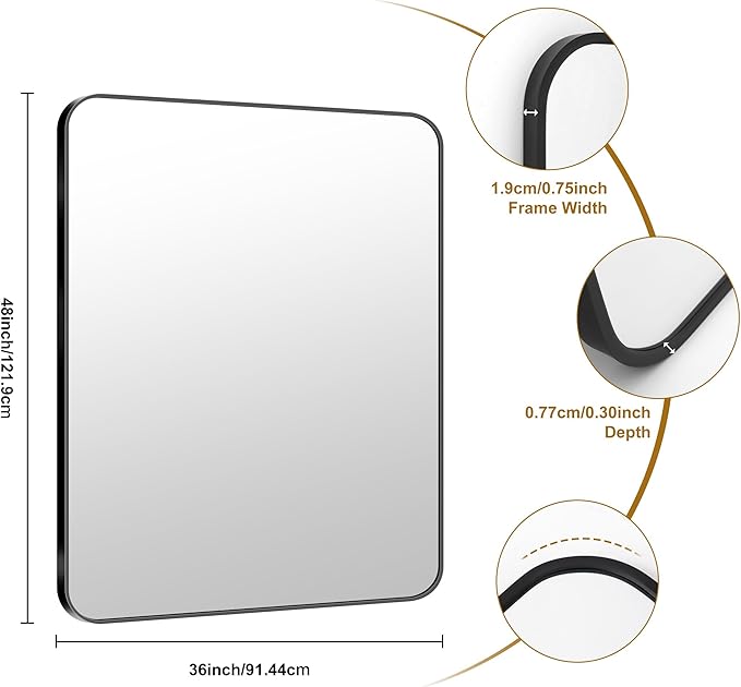 KOCUUY 36"x48" Large Rectangle Vanity Mirror, Black Metal Frame Mirror with Rounded Corner, Modern Design of Upgraded Shatterproof Glass for Bathroom, Bedroom, Living Room, Entryway