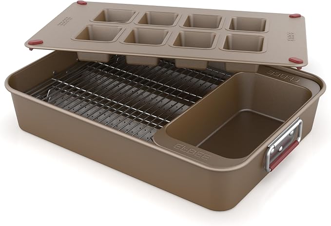 Elbee Home 8-Piece Nonstick Space Saving Bread Baking Pan Set - Includes Large Roasting Pan - Bread Loaf Pan - Baguette Pan - Cooling Rack - 8-Cavity Mini Loaf Pan Aluminized Steel - PFOA & PFOS Free