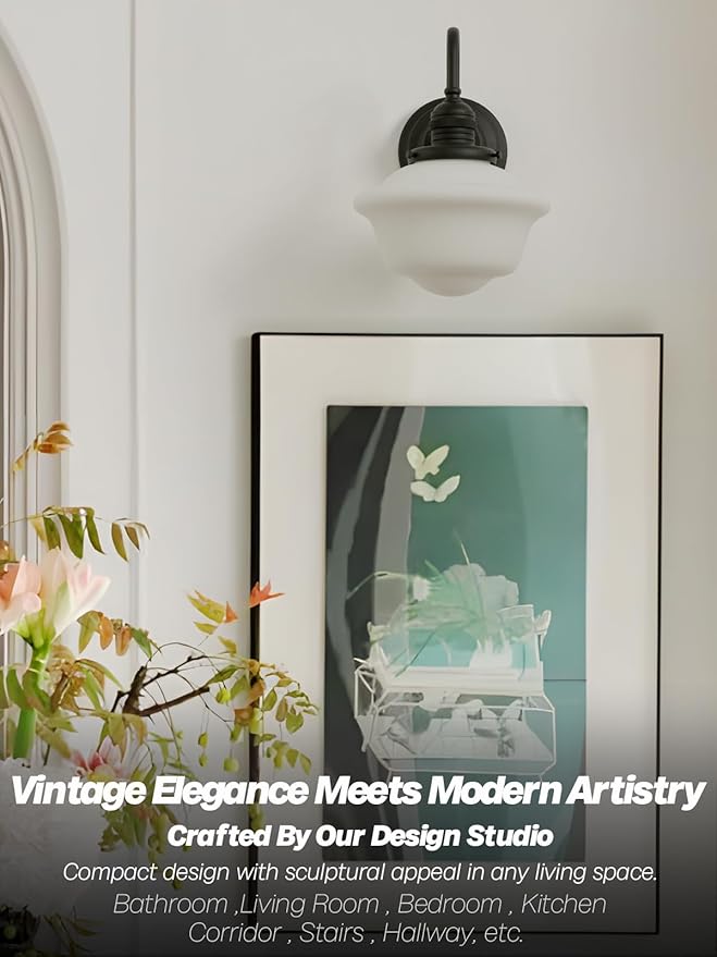 Vintage Wall Sconce Light Hardwire Black Bathroom Vanity Light with Frosted Milk White Gyro Glass Shade Modern Farmhouse Wall Lamp Fixture for Bathroom Mirror Living Room Bedroom Indoor