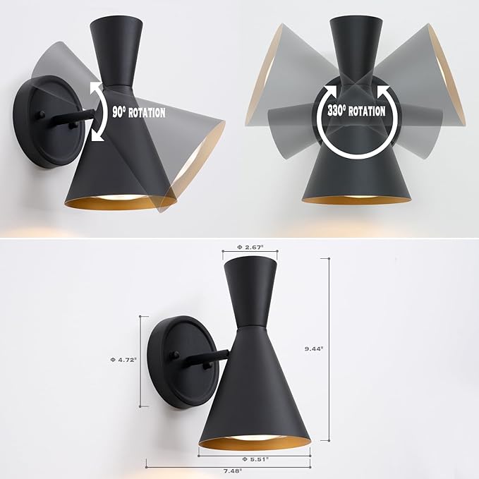 HEQIQEH Modern Battery Powered Adjustable Wall Sconces Light Set of 2 with Flared Funnel Metal Shade, 13 RGB Remote Control Dimmable Wall Mounted Lamp for Galleries, Hallway, Bedroom, Hotels