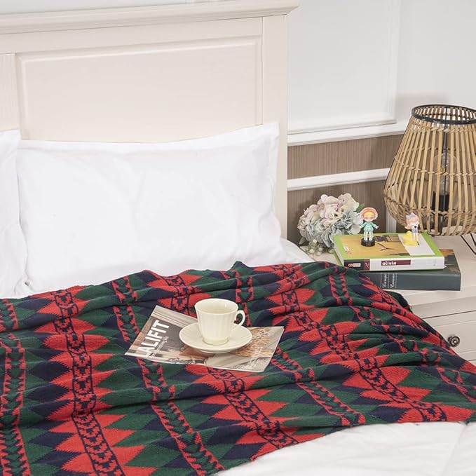 Gealaek Boho Throw Blanket Lightweight Soft Cozy Decorative Blankets for Sofa Bed Farmhouse Throw Blanket Aztec Blanket with Tassel Navy Red Green Checkered 50" x 60"