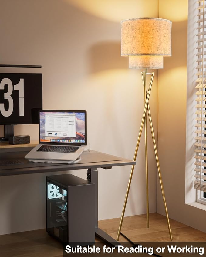 Lightdot Glod Tripod Floor Lamp, Modern Floor Lamps for Living Room, Standing Lamp with Dual Drum, E26 Bulb Included, 67.7" Tall Floor Lamp for Bedroom, Home Office