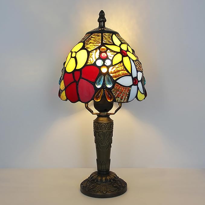Tiffany Style Small Table Lamp,Rose Flower Stained Glass 3 Color Temperature Antique Table Lamps,Bedside Nightstand Lamp for Bedroom,Living Room,Home Office, Include LED Bulb,6X6X12.5Inch