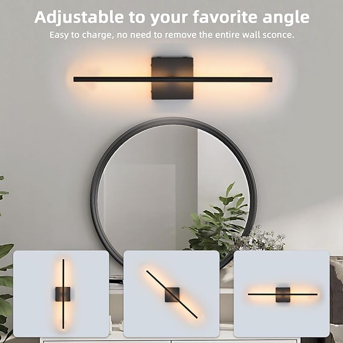 Battery Operated Wall Sconces Set of 2, Black Rechargeable Wall Sconce with Remote Control, 3000K-6000K Dimmable LED Wireless Wall Light for Living Room, Hallway, Bedroom, Stairs, 23.6 Inch