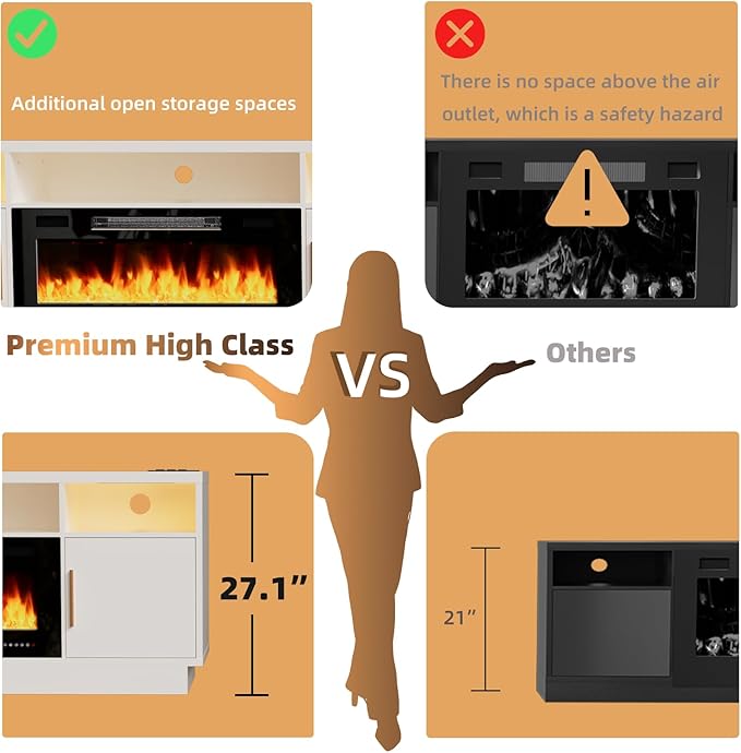 Ludatido 70 Inch Premium TV Stand with 36 inch Electric Fireplace 27 Inch high LED Light Entertainment Center Easy to Assemble for TVs Up to 85'' with USB&AC Power Interface Black