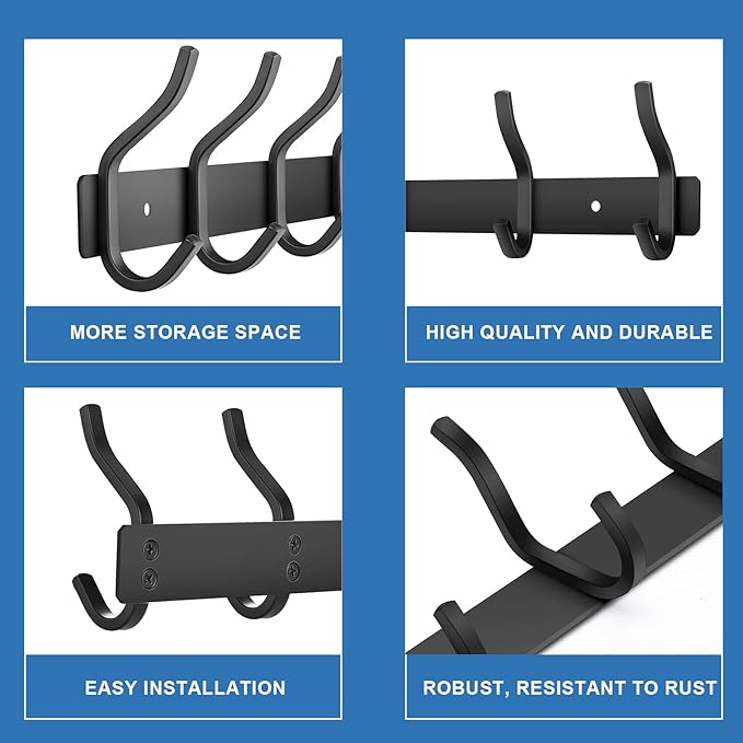 HAMUTH Black Wall Hooks, 12 Inch Coat Rack Wall Mount with 4 Hooks, Wall Hooks Heavy Duty for Hanging Backpack, Bag, Purse, Clothes, Hat, Coat, Towel | Entryway & Bathroom Storage Organization Hanger