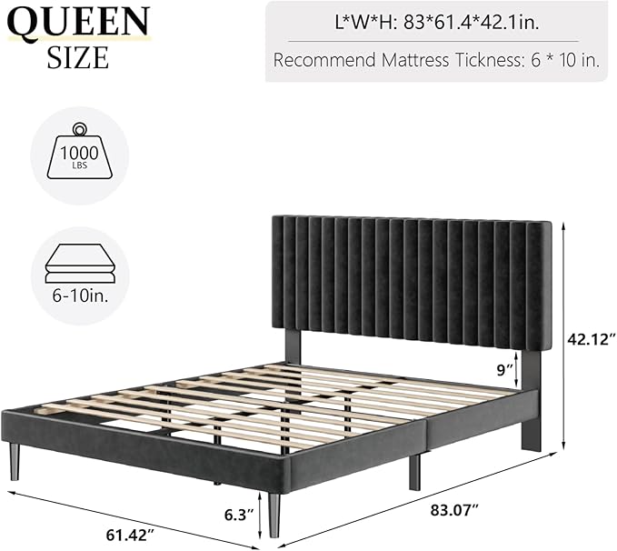 Queen Size Platform Bed Frame with Velvet Upholstered Headboard, Queen Bed Frame with Strong Wood Slats, Box Spring Optional, Mattress Foundation, Easy Assembly Black