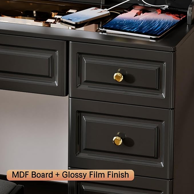 42" Makeup Vanity Desk with Mirror and Lights, & Power Outl, Glass Top Big Vanity Table with 9 Drawers& 8 Storage Shelves, Dressing Table Set with Chair for Bedroom, Black