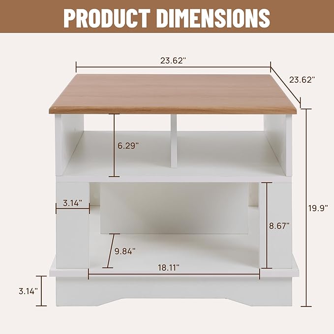 ALBAD Farmhouse Rustic Square Coffee Tables Living Room Center Table with Half Open Storage White & Light Brown