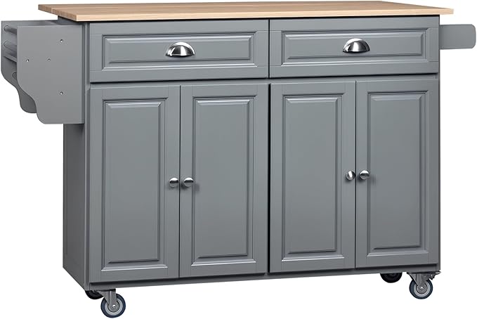HOMCOM Rolling Kitchen Island Cart with Drop Leaf, Kitchen Cart on Wheels with Rubber Wood Top, 2 Drawers and 2 Storage Cabinets, Island Table for Kitchen, Dining Room, Dark Gray