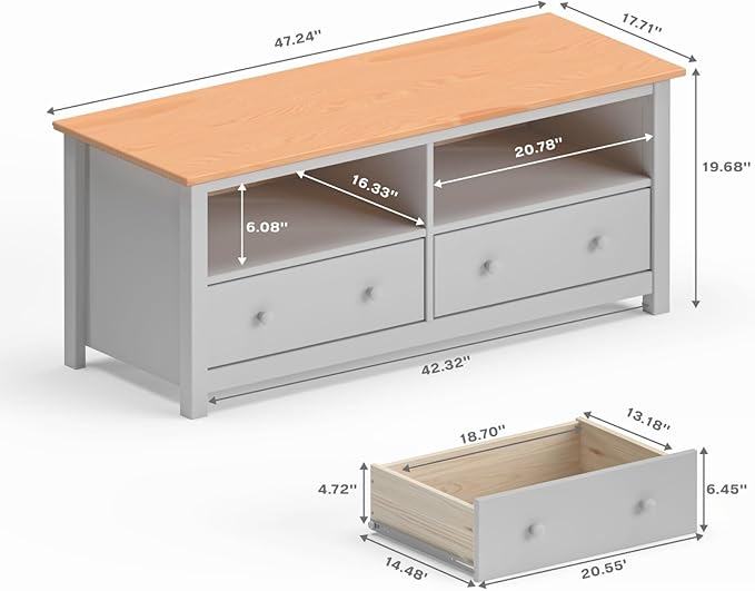 Handcrafted Solid Oak TV Stand Entertainment Center - Elegant Gray/Pine Media Console with Spacious Storage Drawers & Open Shelves - Sturdy Wood Cabinet Fits TVs up to 55 Inches