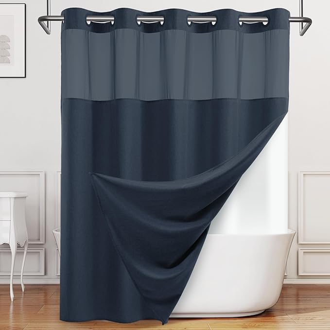 No Hook Shower Curtain with Snap in Liner, Polyester Textured Shower Curtain with Liner Set, Waterproof Washable Hotel Style Shower Curtains for Bathroom, 71Wx74H, Navy