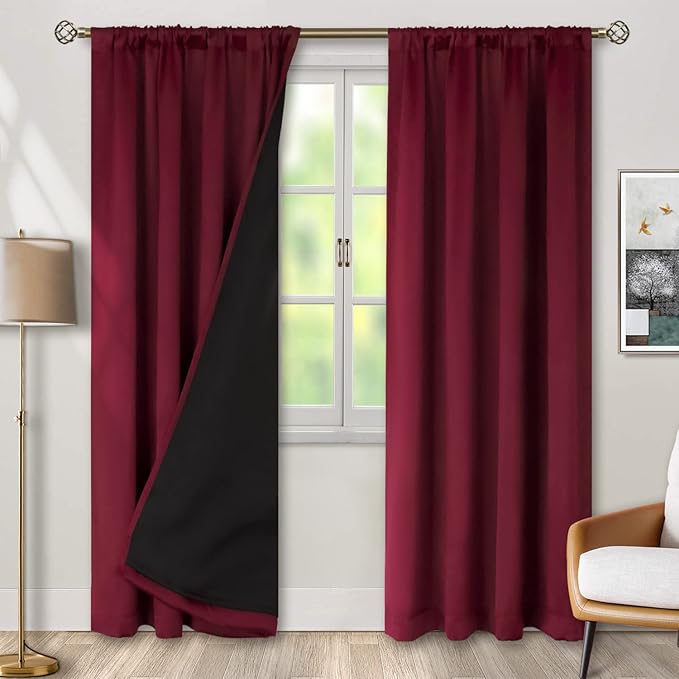 BGment Full Blackout Curtains with Heat Insulation Liner Curtains 84 Inches Long，Rod Pocket and Back Tab Double Layer Room Darkening Window Curtain for Bedroom(42 x 84 Inch, 2 Panels, Burgundy Red)