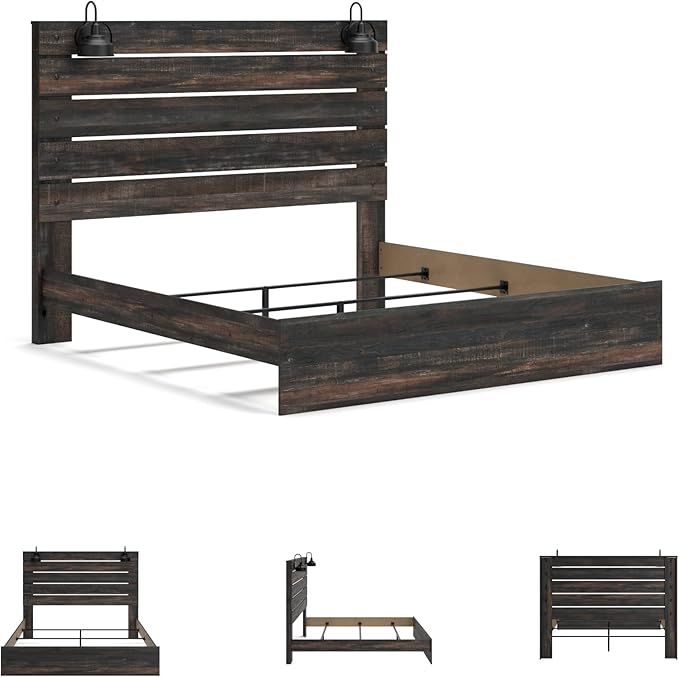 Signature Design by Ashley Drystan Rustic King Panel Bed with Sconce LED Lights, USB Ports and Nailheads, Foundation or Box Spring Needed, Dark Brown & Gray