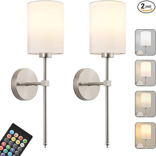 Battery Operated Wall Sconces Set of Two,Wireless Rechargeable Wall Light With Remote Control, Dimmable, Amber Light/Warm White/Natural White/Daylight/RGB,Timer,for Living Room,Bedroom,Entryway,Nickel