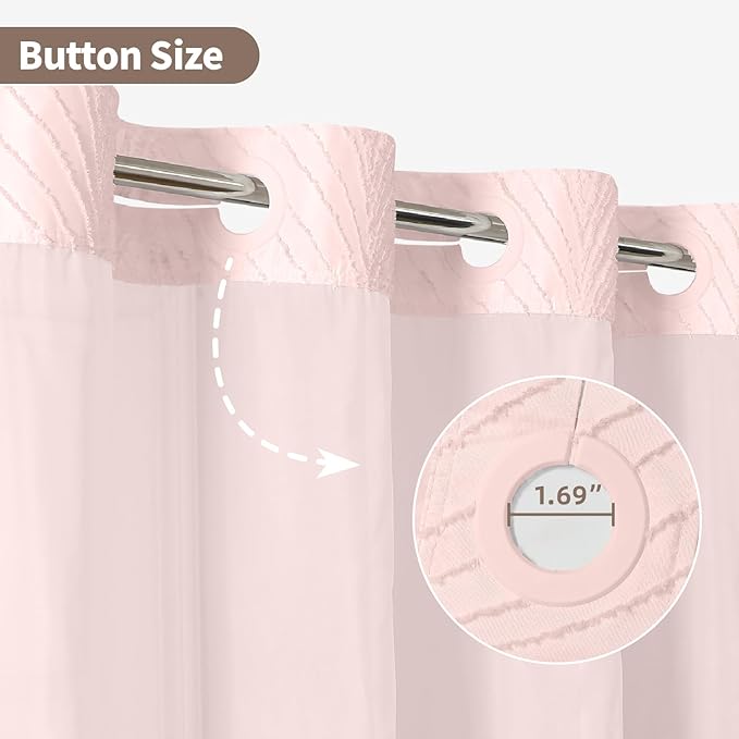 stall no Hook Tufted Shower Curtain with snap in Liner Set, White Waterproof Fabric Inner Liner,Boho Style Shower Curtain with See Through top Window, Pink, 54Wx80H