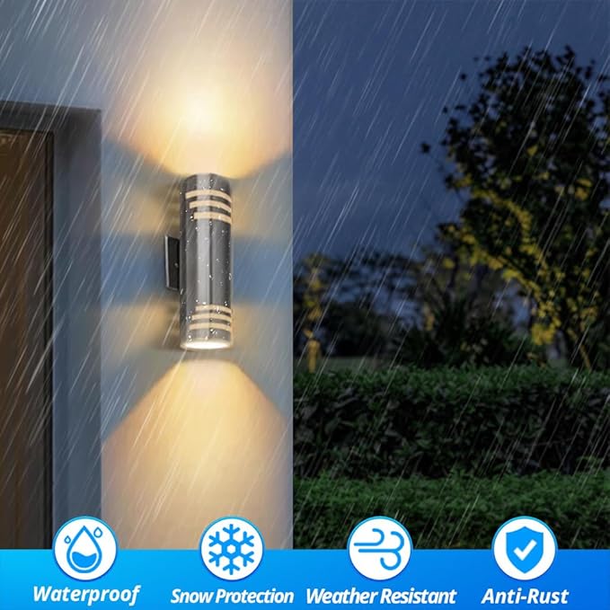 SHIMR Dusk to Dawn Outdoor Wall Light, Exterior Light Fixture Stainless Steel, Outdoor Sconce Lights Cylinder, Waterproof Up and Down Light Wall Mount Electroplated Silverl Finsh, LED Bulbs Include