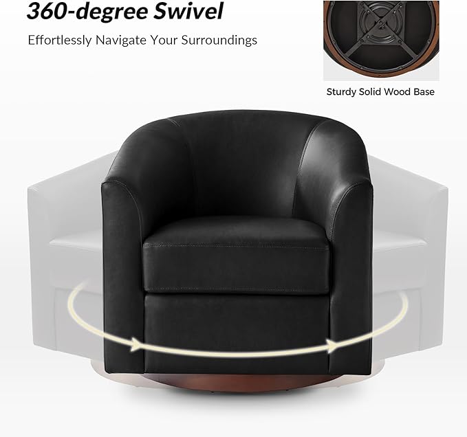 HULALA HOME Faux Leather Swivel Accent Chair with Solid Wood Base, Round Swivel Barrel Chair for Living Room and Bedroom, Black