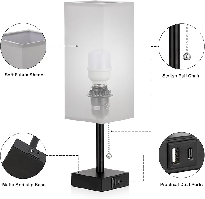 Bedside Table Lamps Set of 2 - Grey Bedroom Lamps with 3 Color Temperatures (3000K/5000K/4000K), Two Square Nightstand Lamps with USB C + A Charging Ports, Pull Chain Small Night Light for End Table