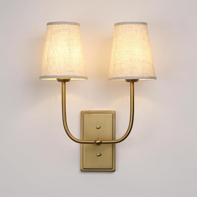 Vintage 2-Lights Wall Sconces with Funnel Linen Fabric Shades, Double Head Bathroom Vanity Lights Fixture, Indoor Wall Lamps for Bedroom Living Room Hallway Stairway