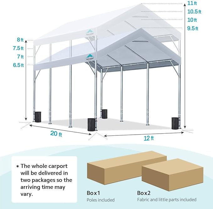 ADVANCE OUTDOOR 12x20 ft Heavy Duty Carport Potable Car Canopy Garage Party Tent Boat Shelter, Adjustable Height from 9.5 ft to 11 ft, White