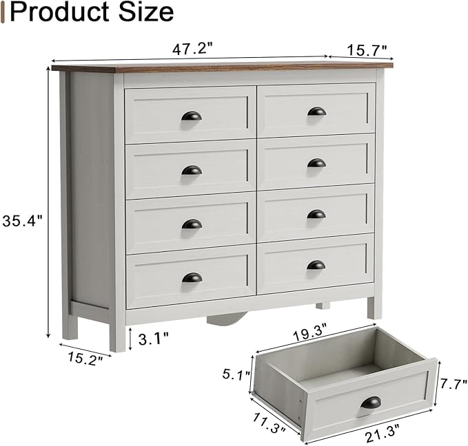 8 Drawer Dresser, Farmhouse Tall Dresser for Bedroom, Antique White Chest of Drawers, Modern Double Dressers for Bedroom, Closet