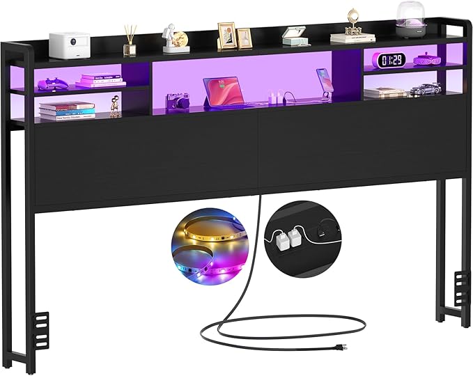 Aheaplus Headboard for King Size Bed with Storage, Headboards with LED Light, Power Outlets, USB Ports King Size Head Board, Wood headboard Only Sturdy and Stable Headboards, Modern, Black