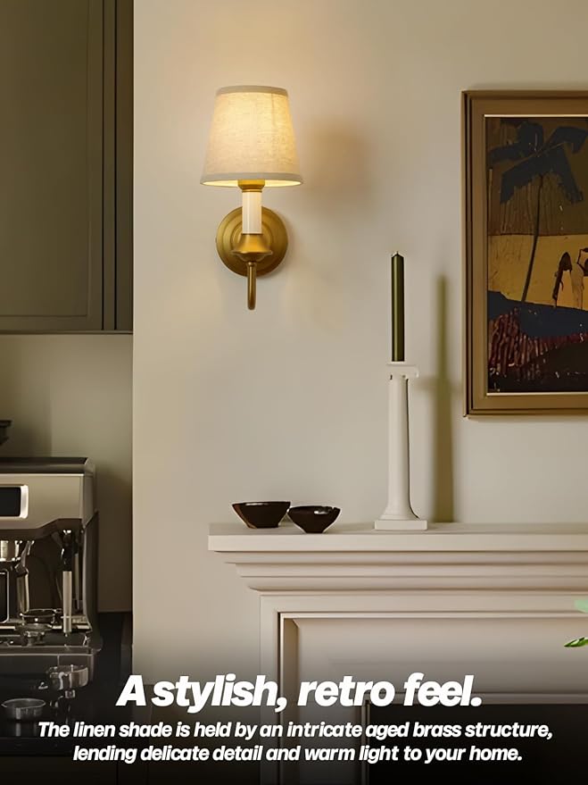 Vintage Fabric Wall Sconce Light with Curved Arm, Rustic Linen Cloth Wall Light Fixtures, Hardwired Brass Wall Mounted Lamp for Bathroom Vanity Bedroom Living Room