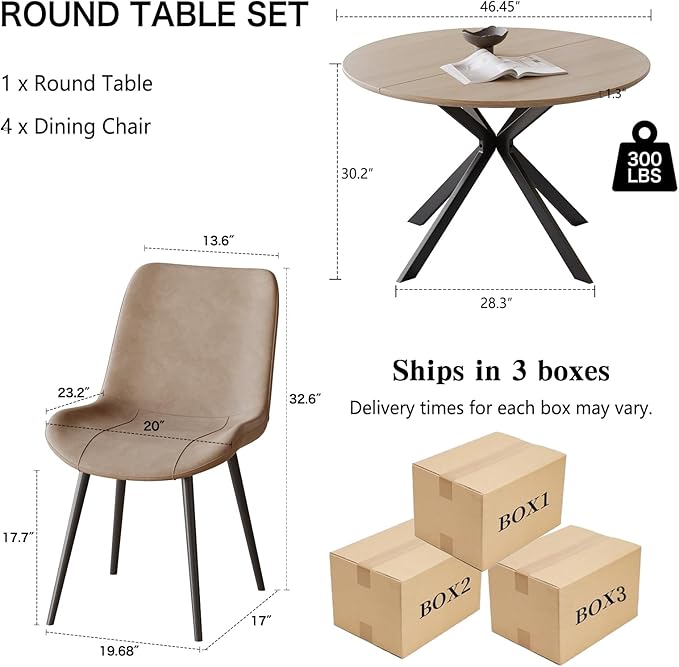 46.4" Round Dining Table Set with 4 Chairs, Modern Dining Set with Comfortable PU Leather Chairs, Sturdy MDF Table with X-Shaped Base, Easy Assembly, Ideal for Dining Room or Kitchen
