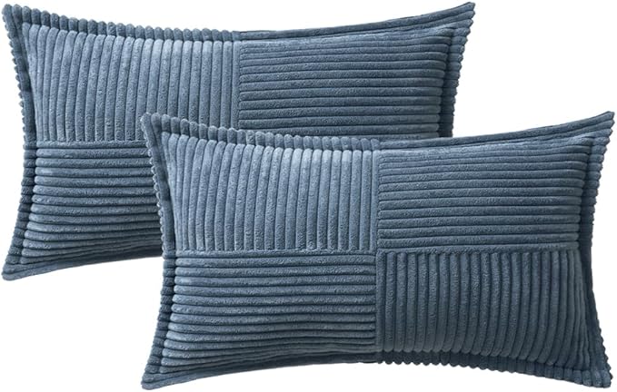 MIULEE Decorative Lumbar Throw Pillow Covers for Couch Bed Livingroom 12x24 Inch Set of 2 Blue Boho Accent Throw Pllows Broadside Striped Patchwork Soft Corduroy Summer Coastal Pillowcases
