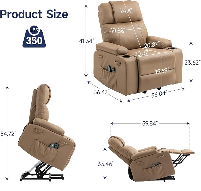Power Lift Recliner Chair for Elderly with Massage & Heat, 160° Adjustable PU Leather Electric Recliner with Remote, Cup Holders, Side Pockets, and Stand Assist for Living Room, Bedroom (Brown)