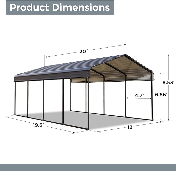 GREEN PARTY 12 x 20 ft Metal Carport Kits with Galvanized Steel Roof, Heavy Duty Metal Carport Canopy, Outdoor Car Tent Metal Garage Shelter for Car, SUV, Truck and Boats, Grey
