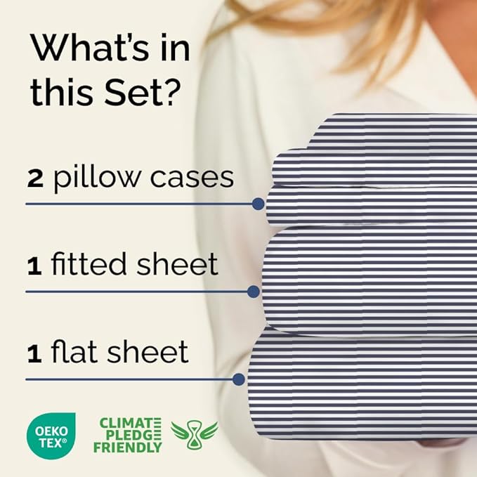 Blue and White Striped Sheets - 1 Flat & 1 Fitted Sheet & 2 Pillowcases w/ Deep Pockets - Cozy, Wrinkle & Fade Resistant - Ultra-Soft, Breathable and Cooling - Luxury Pinstripe Bedding - Full Size