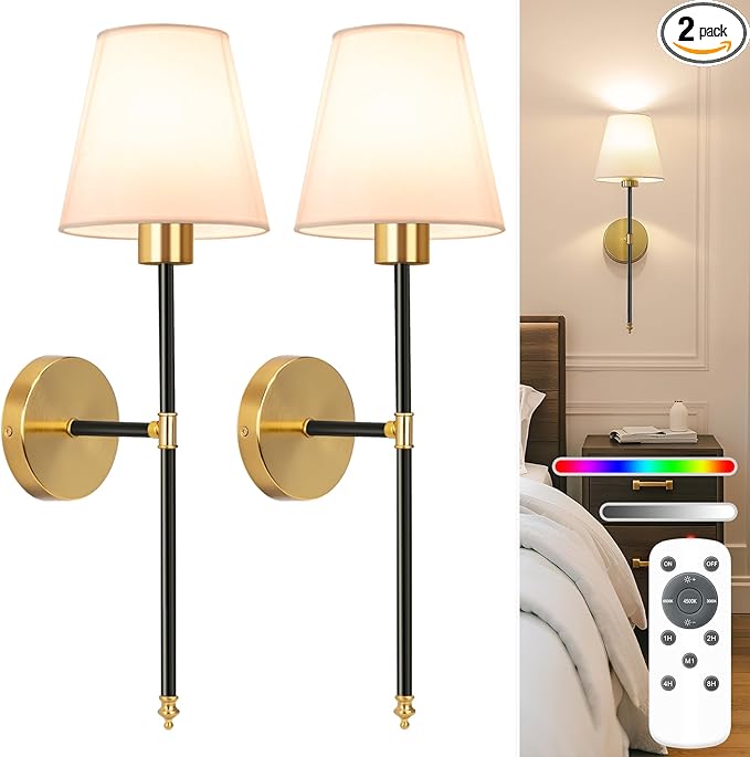 NIORSUN 19.9 inch Battery Operated Wall Sconce Set of 2,Black-Gold Rechargeable Wall Lights with 5200mAh Dimmable Detachable Bulbs and Remote,10 Colors Wireless Sconces for Bedroom Living Room Hallway