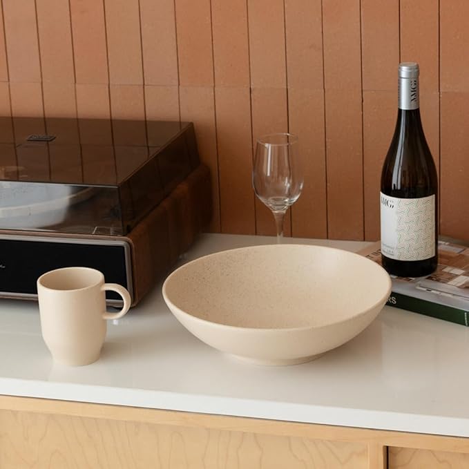WENSHUO Large Salad Bowl, Ceramic Stoneware with Reactive Glaze, Serving & Mixing, 2Qt (Ink Spot Brown) (Oat Beige)