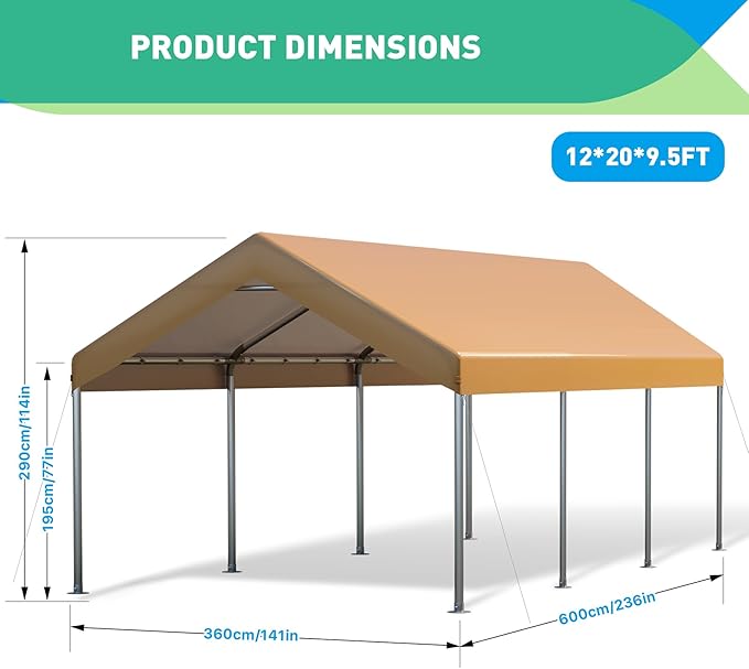 12x20FT Carport, Car Canopy, Portable Garage, Easy to Assemble, Carport Canopy 12x20FT Heavy Duty for Car, Bike, Boat, Party (Khaki)