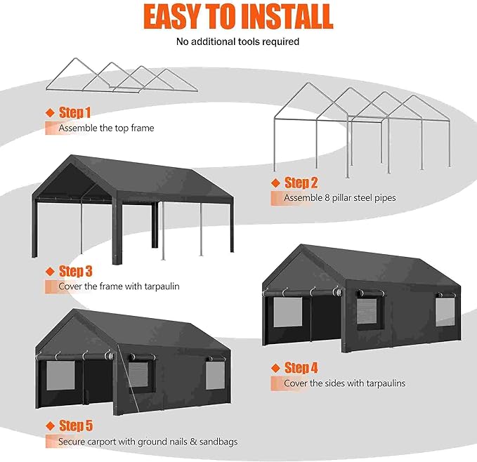 JAMFLY Carport, 10x20 ft Heavy Duty Carport with Roll-up Windows, Portable Garage with Removable Sidewalls & Doors, Car Canopy with Sandbags and All-Season Tarp for Car Boat Truck Motorcycle, Grey