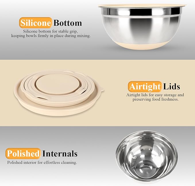 Mixing Bowls with Airtight Lids Set, 20 PCS Kitchen Gadgets Set, 6 Stainless Steel Bowls,3 Grater Attachments,Non-Slip Silicone Bottoms,Great for Serving&Baking,Size 5, 4, 3.5, 2.1, 1.5, 1.1QT (Khaki)