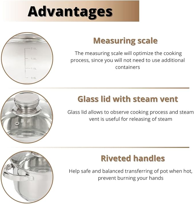 Daniks Standard 9-Piece Stainless Steel Induction Cookware Set, Saucepan, Dishwasher Safe Pots, Measuring Scale, Glass Lids, For Soup, Pasta, Stew, Silver