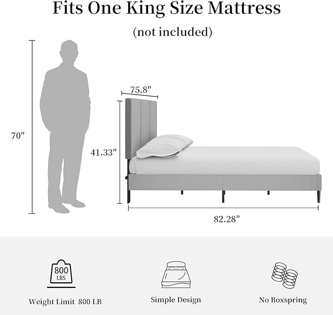 King Bed Frame with Headboard, Vertical Channel Fabric Heavy Duty King Size Bed Frame, No Box Spring Needed, Easy Assembly, Platform Bed Frame with Headboard, Grey